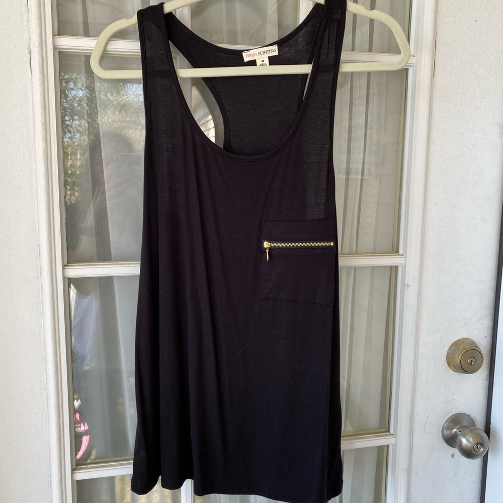 Black flowy tank top with gold zipper pocket